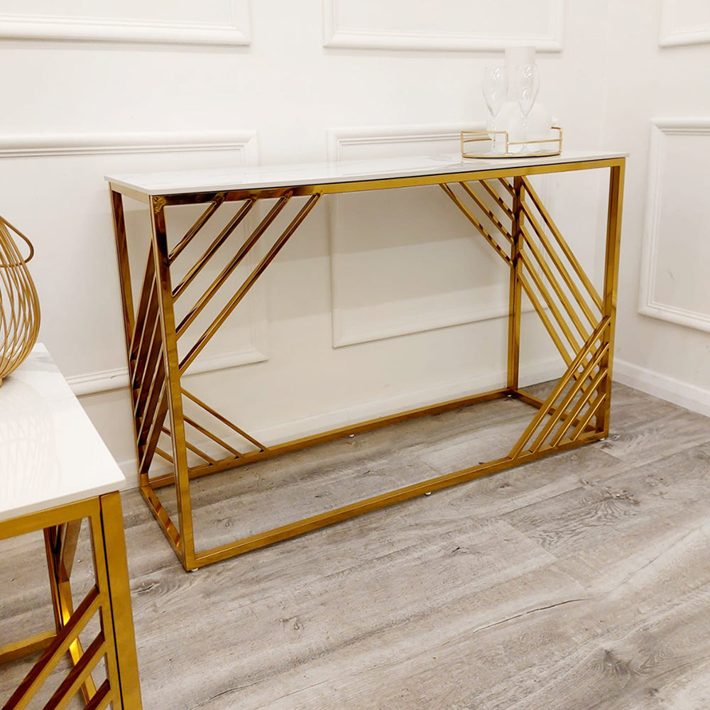 Console table with a white top and open geometric gold frame