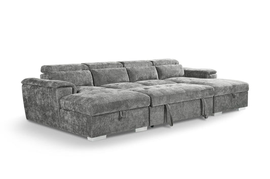Luna U-shaped sofa bed with extended seats and gray textured upholstery, shown from the side