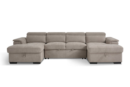 Front view of grey U-shaped sofa bed with two chaise ends