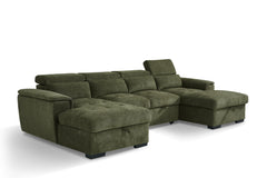 Green U-shaped sofa bed viewed at an angle, with deep chaise seats