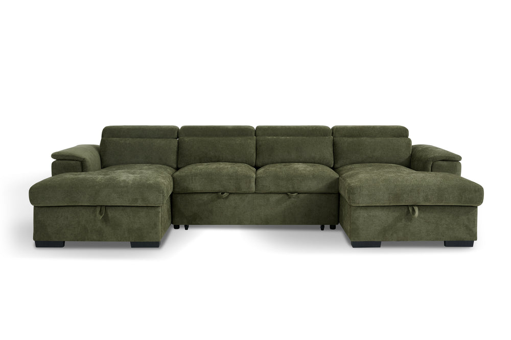 Green U-shaped sofa bed with cushioned backrests and chaise ends