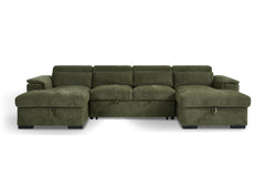 Green U-shaped sofa bed with cushioned backrests and chaise ends
