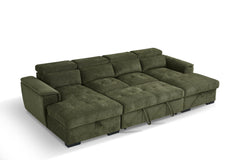 Green sofa bed extended into a broad, flat sleeping surface