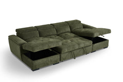 Green sofa bed with seat sections lifted to reveal storage compartments