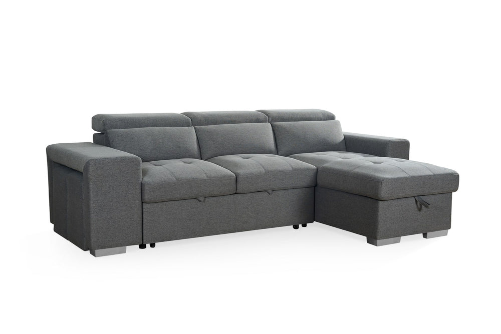 Artemis Universal gray fabric sofa bed with chaise and padded back cushions