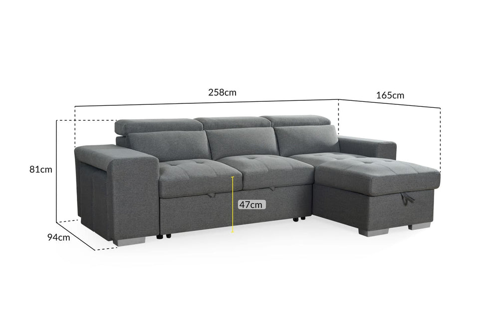 Artemis Universal gray sofa bed with dimensions marked