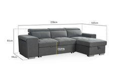 Artemis Universal gray sofa bed with dimensions marked