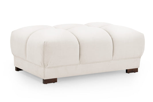 Azzuro upholstered footstool with three rounded cushions and dark wood feet