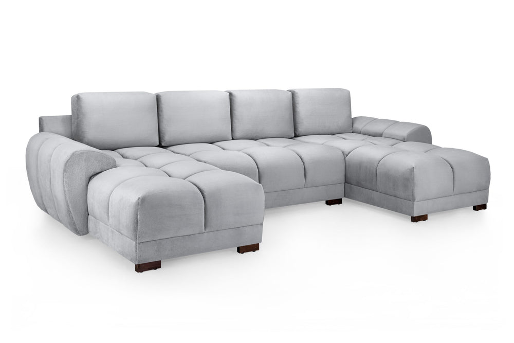 Azzuro gray U-shaped sectional sofa with tufted seats, padded arms, and four back cushions