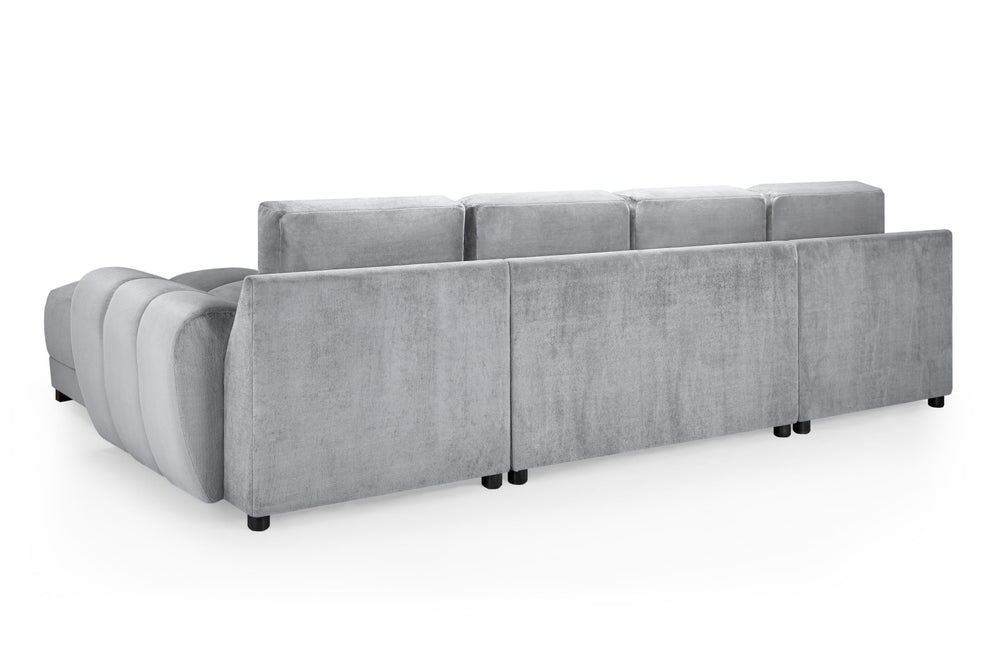 Azzuro gray U-shaped sectional sofa viewed from the back, with low dark legs