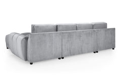Azzuro gray U-shaped sectional sofa viewed from the back, with low dark legs