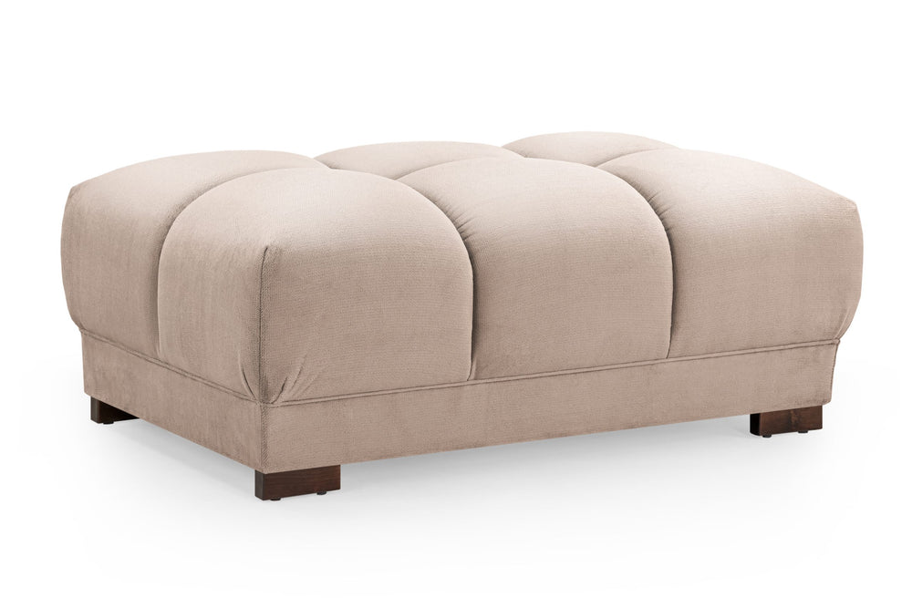 Azzuro footstool with a light beige, segmented cushion and dark wooden feet