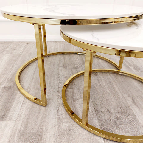 Cato Nest of 2 Tall Gold End Tables with Polar White Sintered Stone Tops