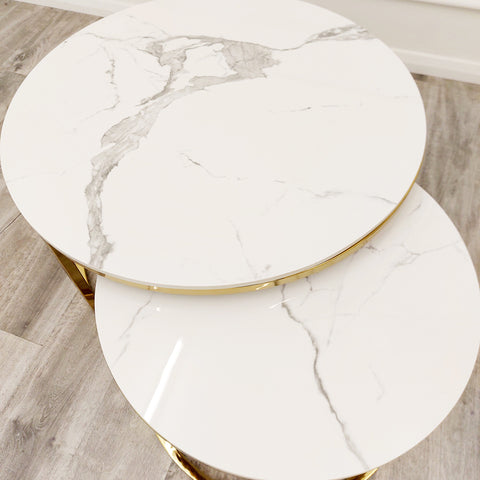 Cato Nest of 2 Tall Gold End Tables with Polar White Sintered Stone Tops