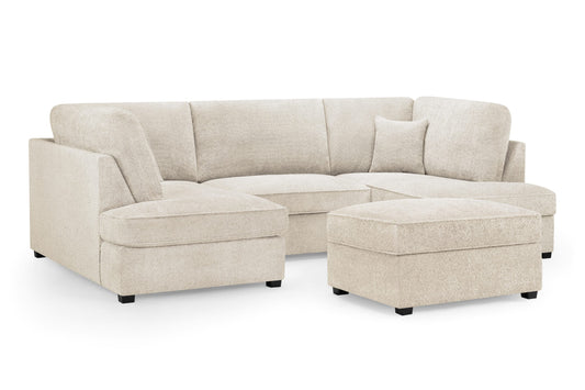 Carnaby U-shaped sofa with beige upholstery, full back, and a separate ottoman