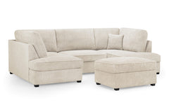 Carnaby U-shaped sofa with beige upholstery, full back, and a separate ottoman
