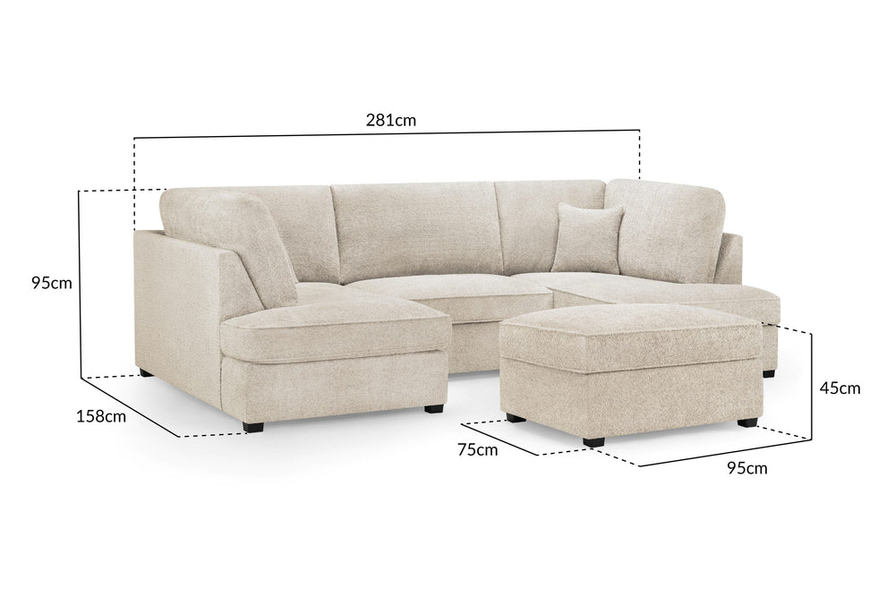Carnaby U-shaped sofa and ottoman with dimensions marked: 281 cm wide, 95 cm high