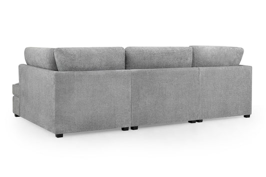 Rear view of gray upholstered sectional sofa with low black feet