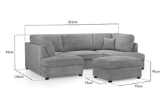 Gray U-shaped sectional sofa and ottoman with labeled dimensions