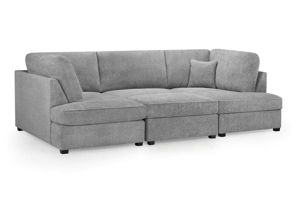 Gray U-shaped sectional sofa with connected seats and throw pillow