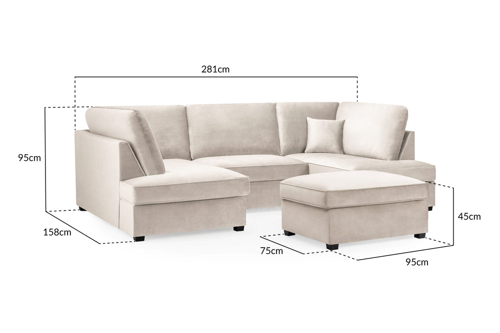 Carnaby U-shaped sectional sofa and ottoman with dimensions marked