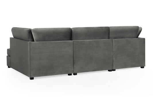Rear view of the gray U-shaped sofa, showing its upholstered back panels