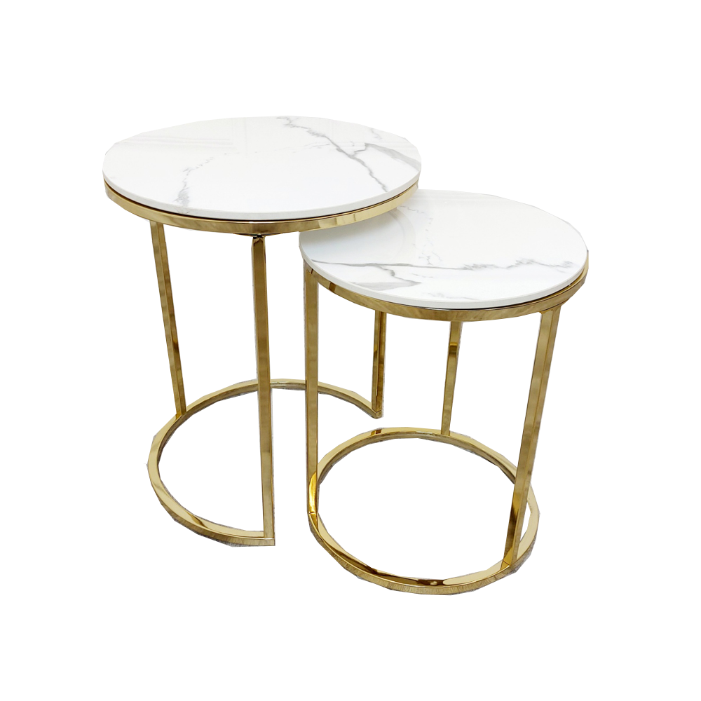 Pair of nested round end tables with white veined stone tops and gold metal bases