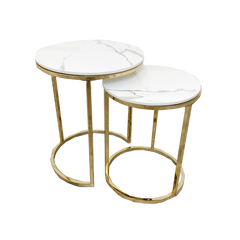 Pair of nested round end tables with white veined stone tops and gold metal bases