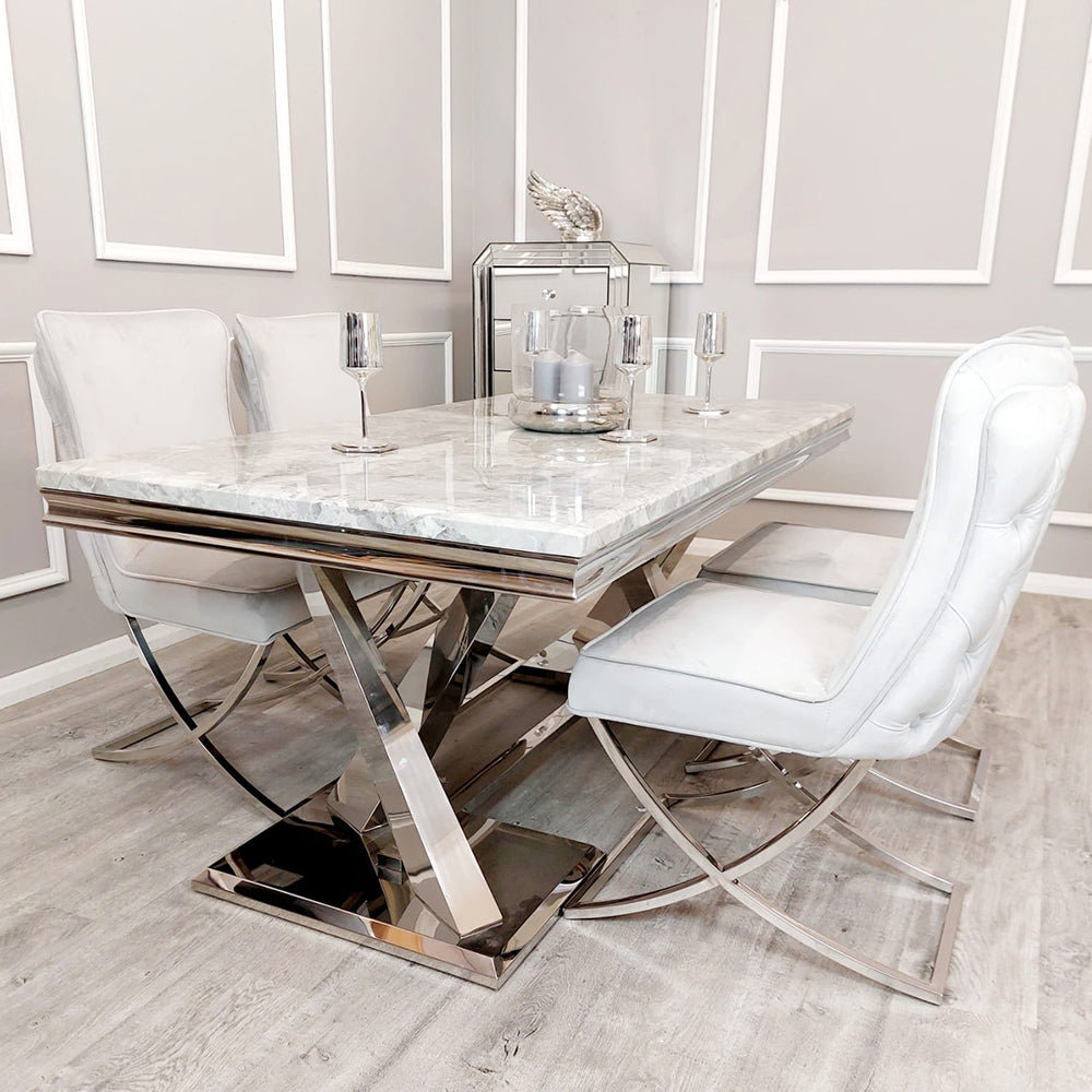 Xavia Light Grey 1.8m Dining Table With Set Of 4 Light Grey Sandhurst X Leg Dining Chair in Chrome