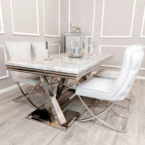 Xavia Light Grey 1.8m Dining Table With Set Of 4 Light Grey Sandhurst X Leg Dining Chair in Chrome