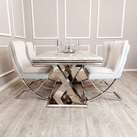 Xavia Light Grey 1.8m Dining Table With Set Of 4 Light Grey Sandhurst X Leg Dining Chair in Chrome