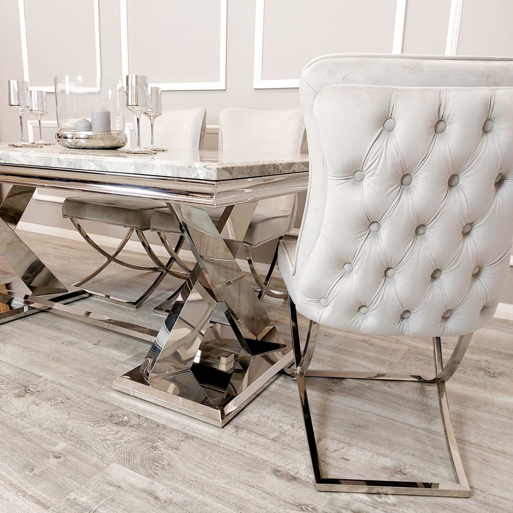 Xavia Light Grey 1.8m Dining Table With Set Of 4 Light Grey Sandhurst X Leg Dining Chair in Chrome