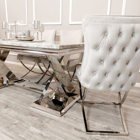 Xavia Light Grey 1.8m Dining Table With Set Of 4 Light Grey Sandhurst X Leg Dining Chair in Chrome