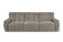 Three-seat electric sofa bed in gray fabric, front view with tufted back cushions