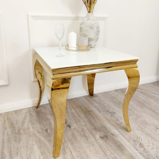 Louis Gold Lamp Table with a glossy white top and curved gold legs