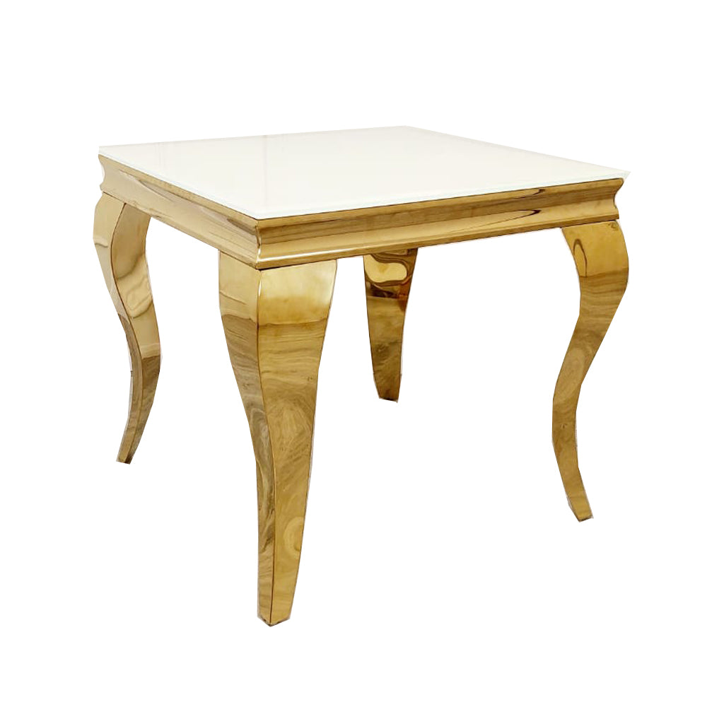 Louis Gold Lamp Table with a white square top and sculpted gold legs