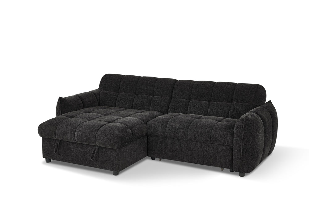 Charcoal sectional sofa bed with tufted cushions and a chaise