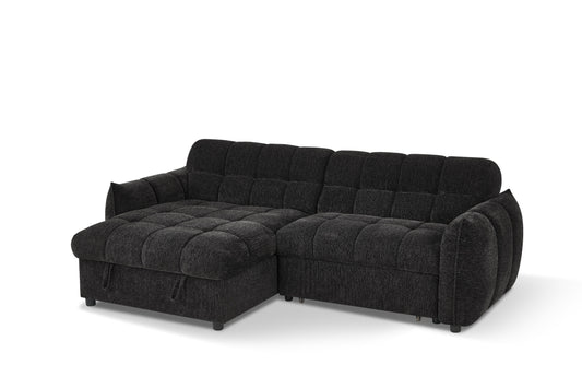 Charcoal sectional sofa bed with tufted cushions and a chaise
