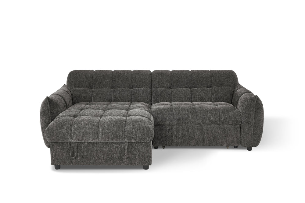 Front view of a gray sectional sofa bed with a left-side chaise