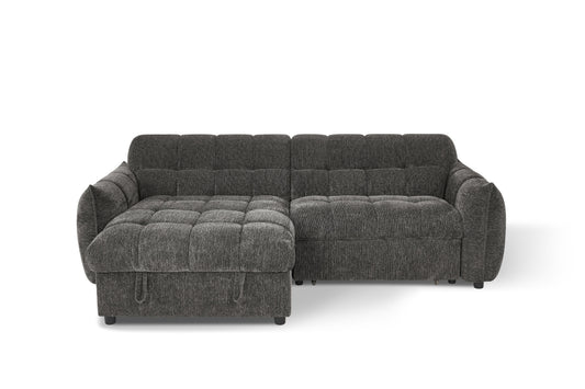 Front view of a gray sectional sofa bed with a left-side chaise