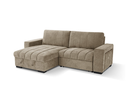 Franklin Fullback sofa bed in taupe fabric with chaise and channel-stitched cushions