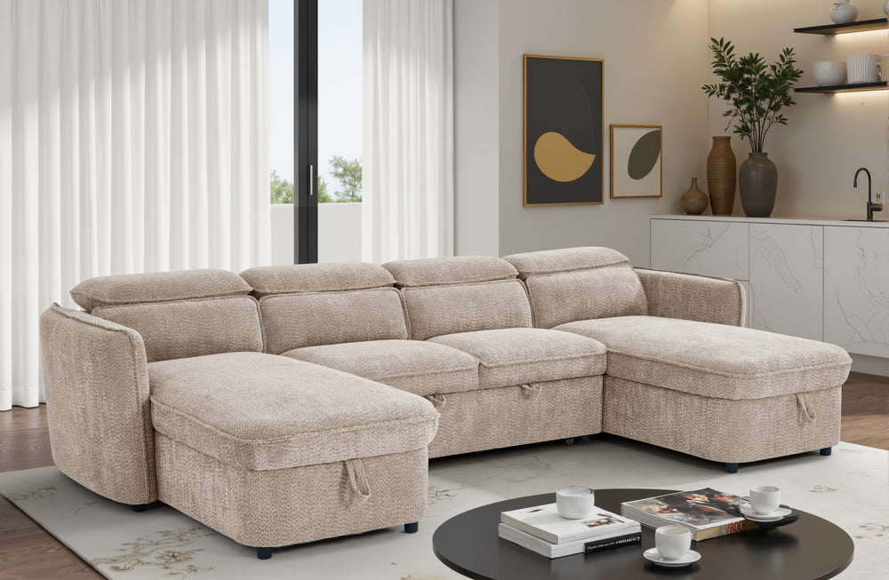Capri U-shaped sofa bed in light taupe upholstery with chaise sections and plush back cushions