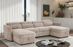 Capri U-shaped sofa bed in light taupe upholstery with chaise sections and plush back cushions