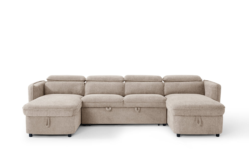 Capri U-shaped sofa bed shown front-on with three seats and pull-out storage compartments