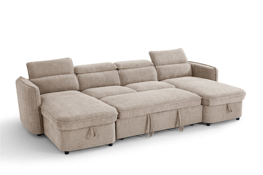 Capri U-shaped sofa bed with raised headrests and fabric pull tabs on the seat bases