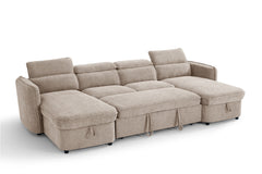 Capri U-shaped sofa bed with raised headrests and fabric pull tabs on the seat bases