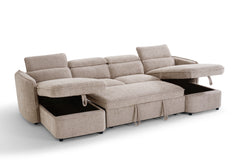 Capri U-shaped sofa bed with chaise seats lifted to reveal storage compartments