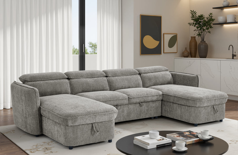 Capri U-shaped sofa bed in gray upholstery with chaise ends