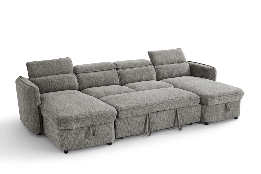 Gray U-shaped sofa bed with adjustable headrests and pull straps