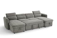 Gray U-shaped sofa bed with adjustable headrests and pull straps